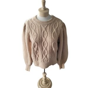 a.n.a. Beige Cable Knit Vintage Look Sweater Crew Neck Puffy Sleeves Size Large